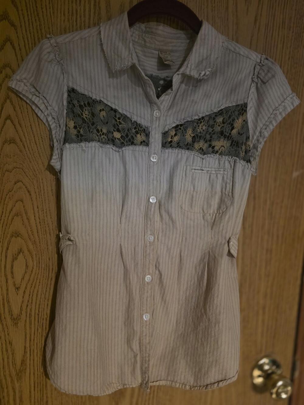 Distressed Beige And Green Striped  Button-Up  By Free People.